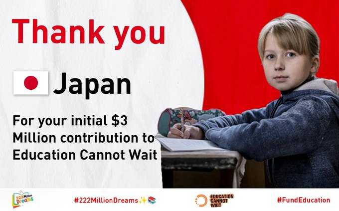 Thank-you #Japan🇯🇵 for your initial $3M contribution to @EduCannotWait!🙏 Your contribution enables #ECW +partners to continue working to ensure children impacted by war in #Ukraine🇺🇦 can access safe quality learning environments. @JPN_PMO @MofaJapan_en @JapanMissionUN🙏