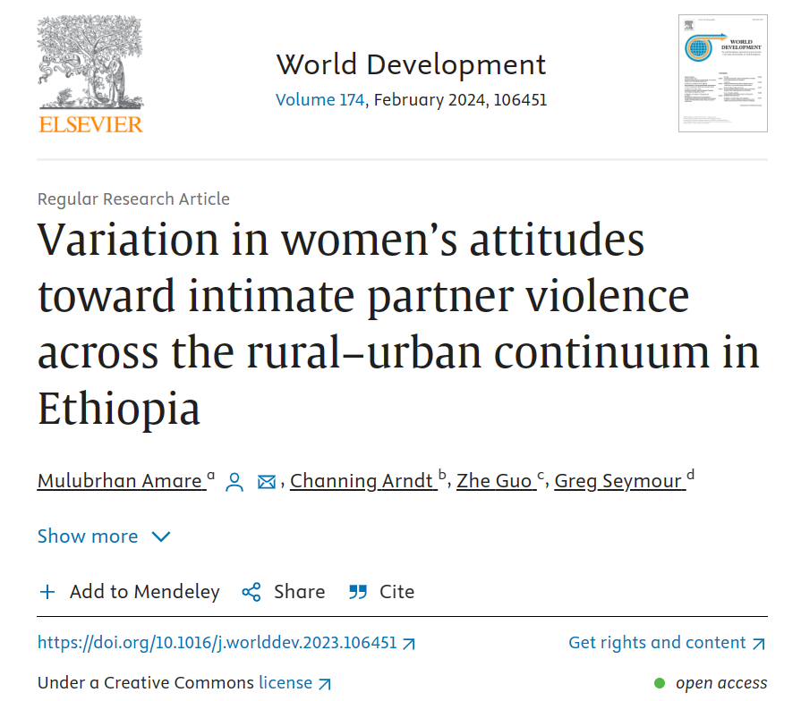 🆕📰Variation in women’s attitudes toward intimate partner violence across the rural–urban continuum in #Ethiopia

✍️By <a href="/A_Mulubrhan/">Mulubrhan Amare</a>, <a href="/channingarndt/">Channing Arndt</a>, Zhe Guo, and Greg Seymour 

🖱️doi.org/10.1016/j.worl…

<a href="/CGIAR/">CGIAR</a> #FCMinitiative <a href="/IFPRI_Africa/">IFPRI_Africa</a> #gender #urbanization