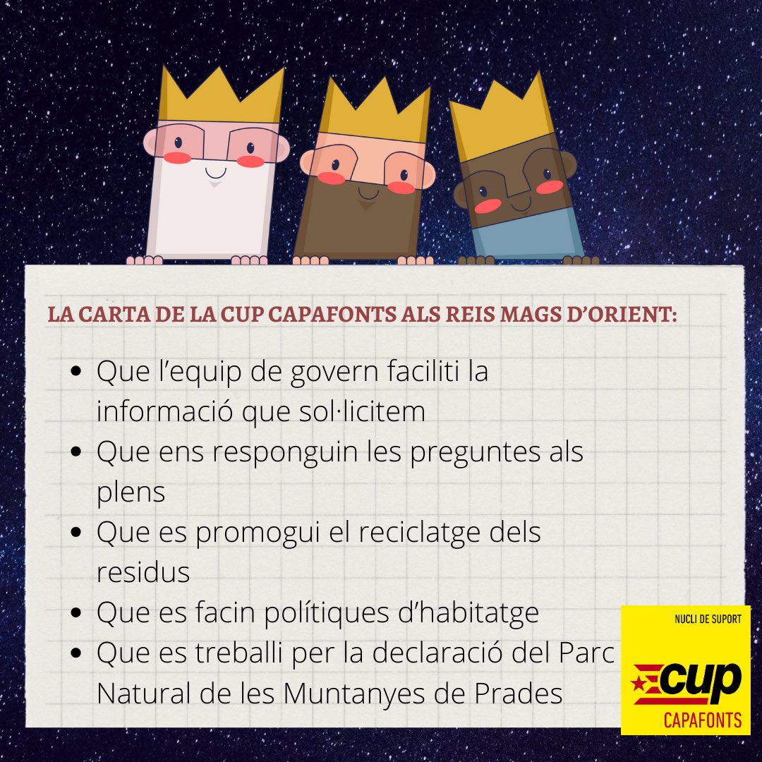 CCapafonts's tweet photo. 👑 La nostra carta als reis mags d’orient: 

No són tantes coses, no? 🎁 Esperem que ens ho portin aquest 2024 🤞#mediambient #habitatge #transparència #ésdemínims https://t.co/XL9l6bCnN7