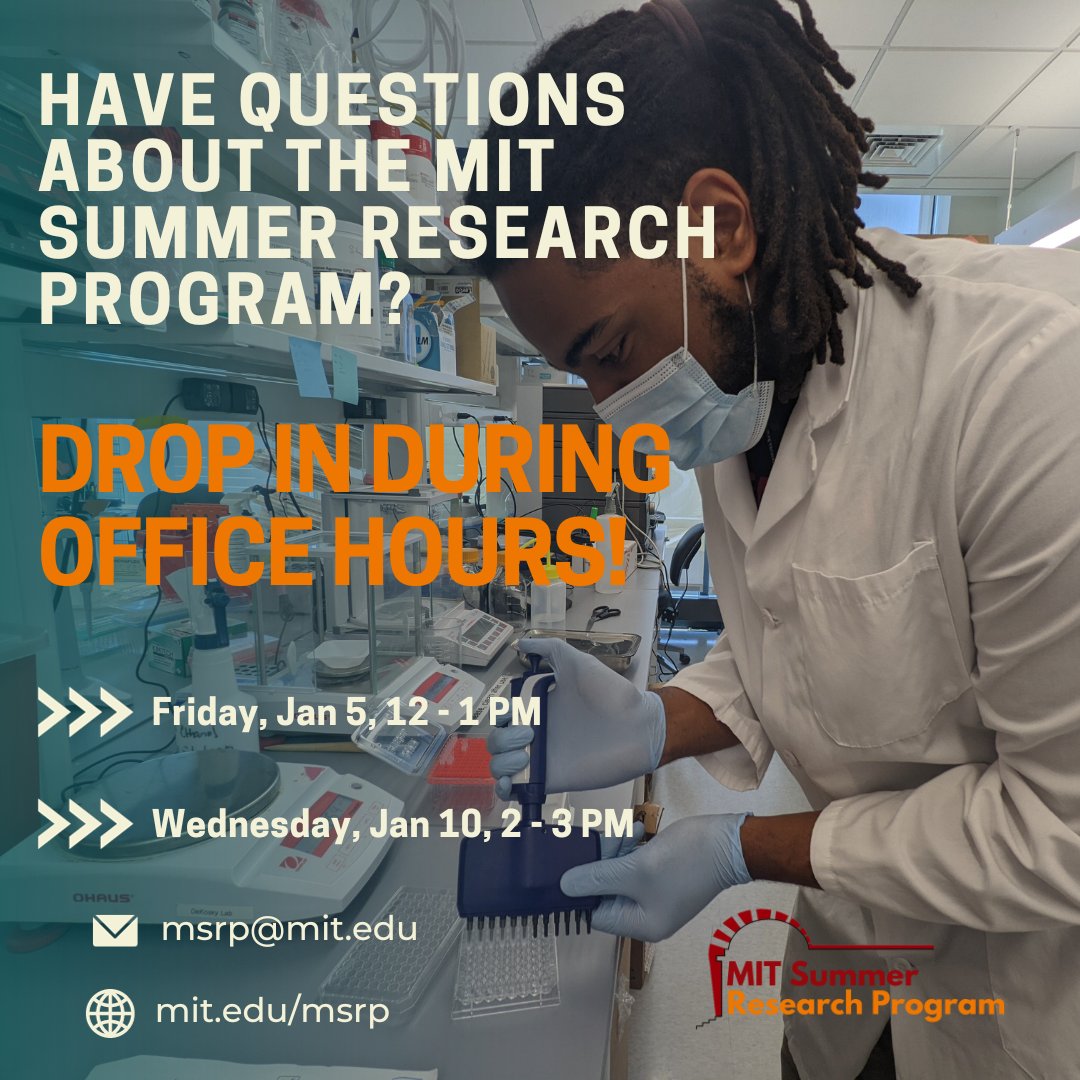 Have questions about MSRP, the application, or selecting faculty? Stop by MSRP's Office Hours to ask your question! Office hours will be hosted on:
- Friday, 1/5 from 12 - 1 PM ET
- Wednesday, 1/10 from 2 - 3 PM ET
mit.zoom.us/meeting/regist…