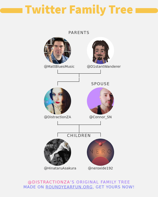 DistractionZA's tweet image. 👨‍👩‍👧‍👦 My Twitter Family:
👫 Parents: @MattBluesMusic @D1stantWanderer
👰 Spouse: @Connor_SN
👶 Children: @HinataruAsakura @neroxide192

➡️ funxgames.me/twitterfamily?…