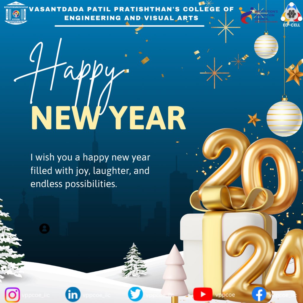 vppcoe_iic's tweet image. Here’s to embracing the unknown, chasing dreams, and dancing under the stars of a brand new year. The entire IIC &amp;amp; EDC family wishes you a Happy New Year 2024! 🎆🥂✨

Principal - Dr. Alam N. Shaikh

IIC Vice president-Swapnil Desai 

#moeinnovationcell #startups #vppcoe #edcell