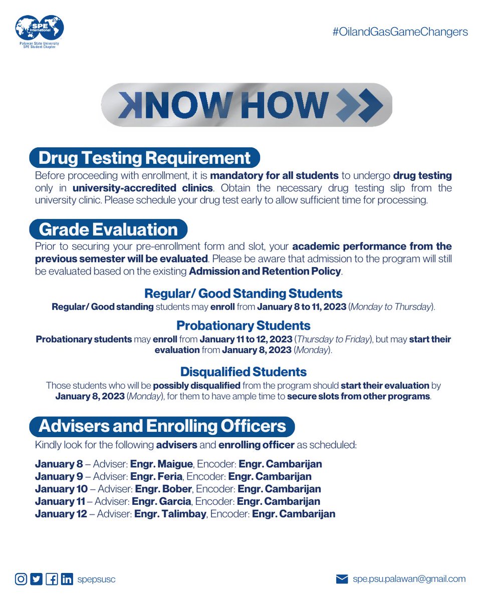 [23-24 2ND SEMESTER ENROLLMENT]

Hey PetEs! With the commencement of the new semester here are the additional guidelines for a comprehensive enrollment process:

#OilandGasGameChangers
#WeAreSPEPSUSC
#WeAreSPE