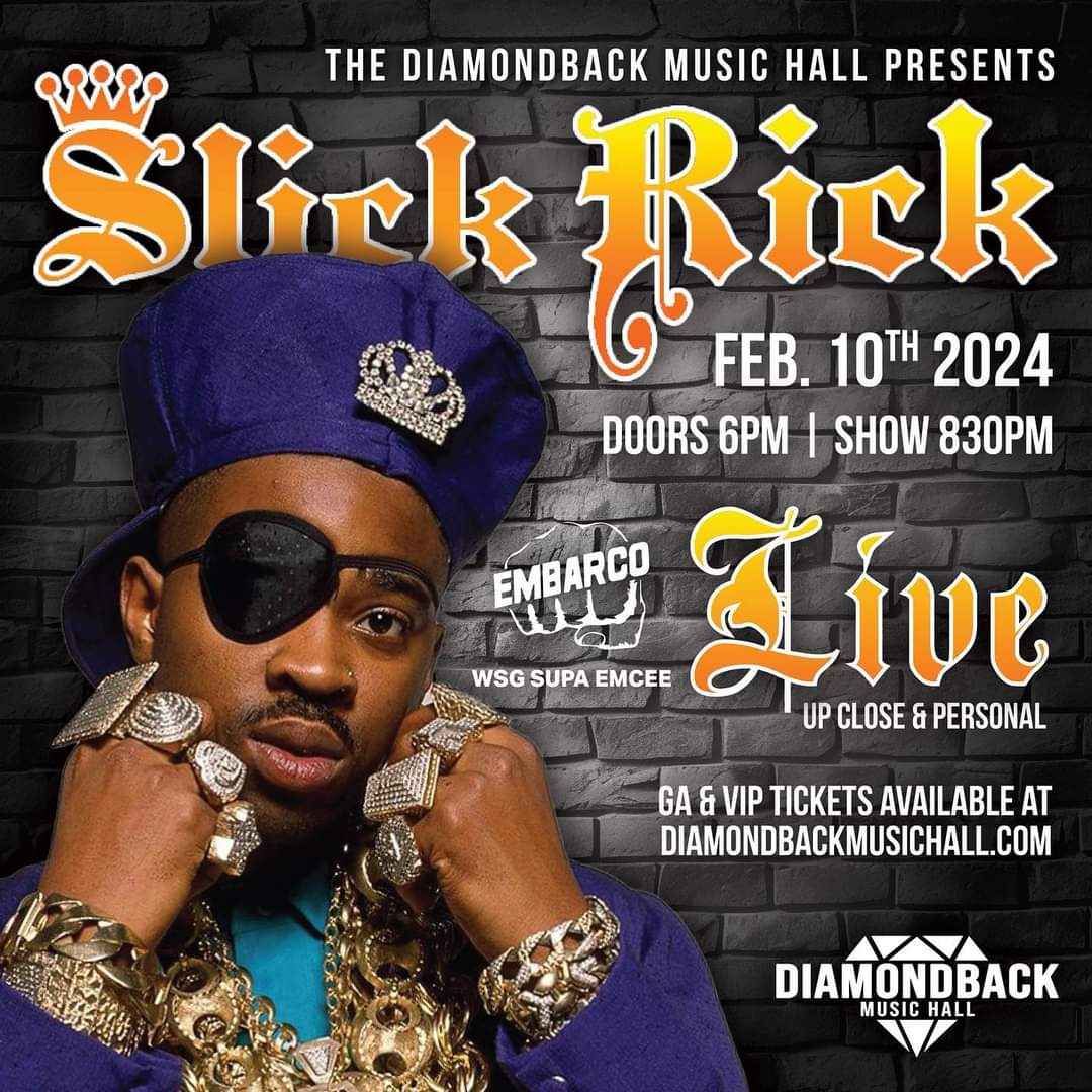 Lodi Dodi who likes to party??? 
🚨 🚨 Slick Rick LIVE @ Diamondback Music Hall wsg Supa Emcee and More! 🗓️ Friday, Feb 10th 2024
🎟️ Limited Early Bird Tickets  $25!  at DiamondbackMusicHall.com 
VIP Suites &amp; Booths  Call 734-589-1111  near Metro Airport on the 94 service drive.