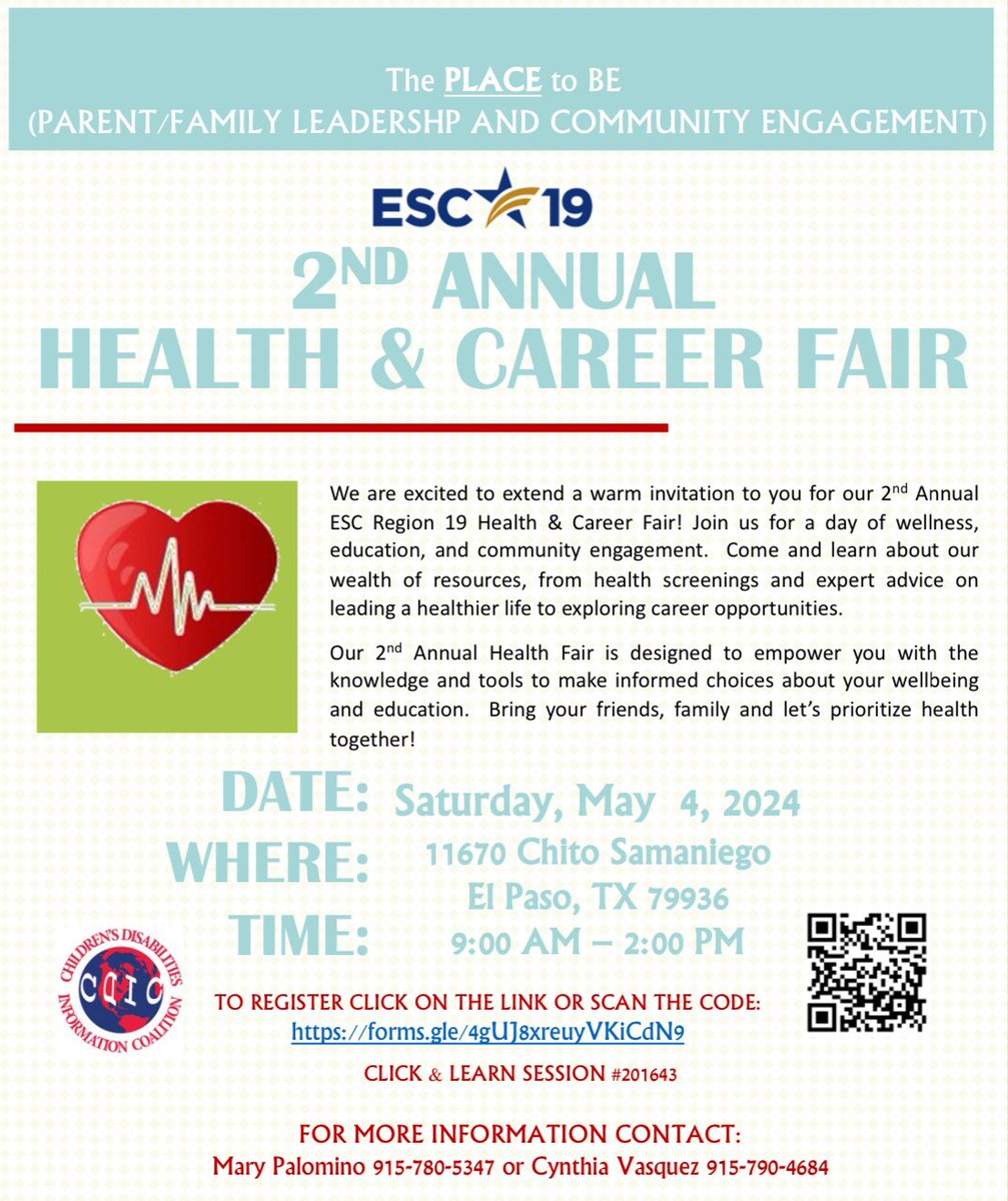 ESC19_Nurses's tweet photo. Exciting News! 🌟 Join for us the 2nd Annual PLACE Health and Career Fair on Saturday, May 4. 🗓️ Reserve your spot now for a day filled with health insights and career opportunities. Don't miss out!  #WeR19 https://t.co/vbXob1pLR1