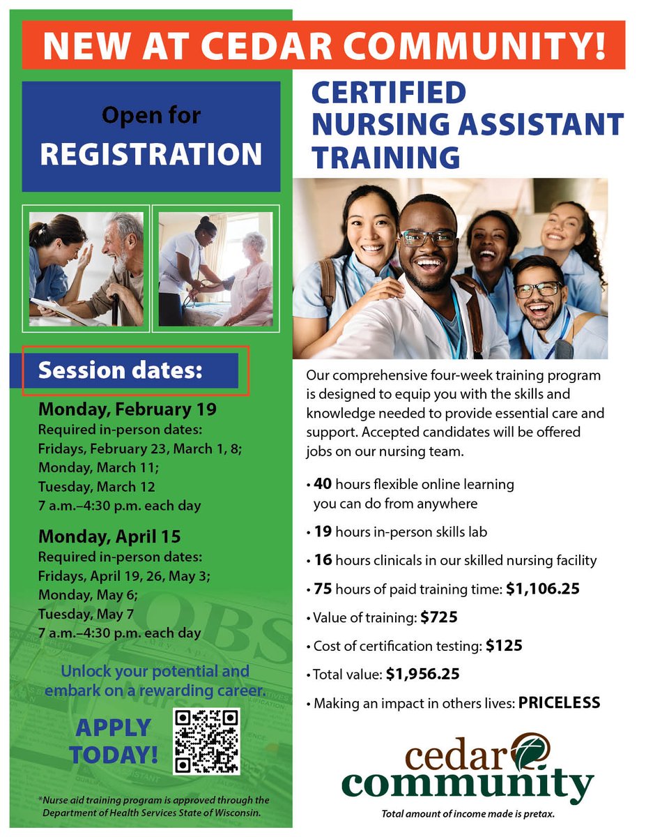 cedar_community's tweet photo. Our CNA Training program is now open for registration! This comprehensive four-week training program is designed to equip you with the skills and knowledge need to provide essential care and support. To apply, visit https://t.co/W2zIyKTPvk. https://t.co/L8kR7tovNi