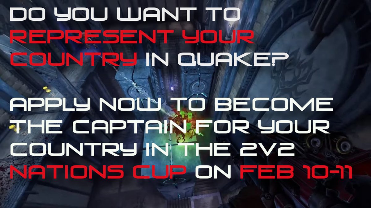 Jakob "DEFENSE" Jansson (@defense_zomg) on Twitter photo Do you have what it takes to lead your country in <a href="/Quake/">Quake Champions</a> Champions' first Nations Cup?
Primarily EU and NA
$500 + donations
2v2 format (Max 4/Min 2 players per country)
2 day competition (Round Robin + Finals)
Apply on email: janssonjakob0@gmail.com or Discord: defense_zomg Do you have what it takes to lead your country in <a href="/Quake/">Quake Champions</a> Champions' first Nations Cup?
Primarily EU and NA
$500 + donations
2v2 format (Max 4/Min 2 players per country)
2 day competition (Round Robin + Finals)
Apply on email: janssonjakob0@gmail.com or Discord: defense_zomg