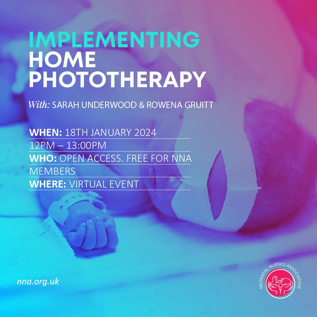 Book your place on our ‘Implementing Home Phototherapy’ webinar on 18th January!

We will be joined by Sarah Underwood and Rowena Gruitt to discuss the practicalities and benefits of home phototherapy.

nna.org.uk/product/implem…

#homephototherapy #ficare #neonataloutreach