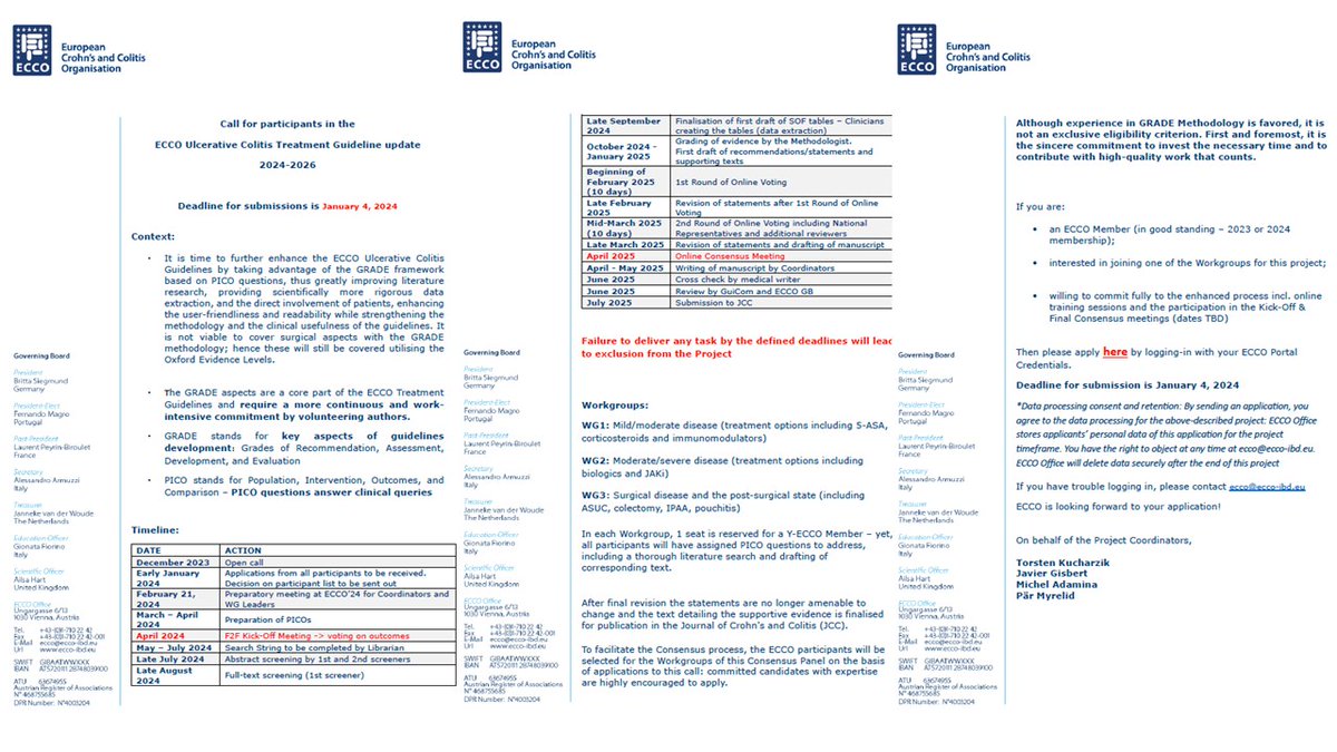 Last Chance to participate: Call for Participants in the ECCO Ulcerative Colitis Treatment Guideline. Apply if you are an #ECCO member with an interest in developing an international #guideline to inform medical and surgical treatment of #ulcerative #colitis Deadline: 04.01.2024