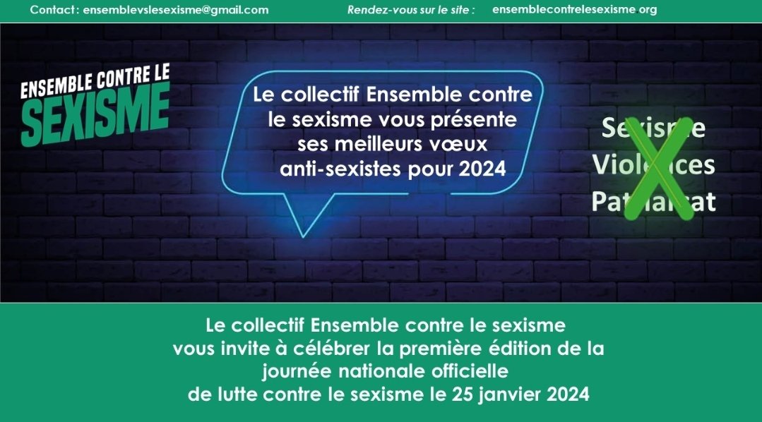 Que vous souhaiter en 2024, à part la joie de lutter toujours plus contre le sexisme ? ✨
Notre collectif vous donne RV le 25 janvier pour le #SexismeTVShow, lors de la 1ère journée nationale officielle contre le sexisme 📺

Infos et inscription ▶️
ensemblecontrelesexisme.org/inscription/