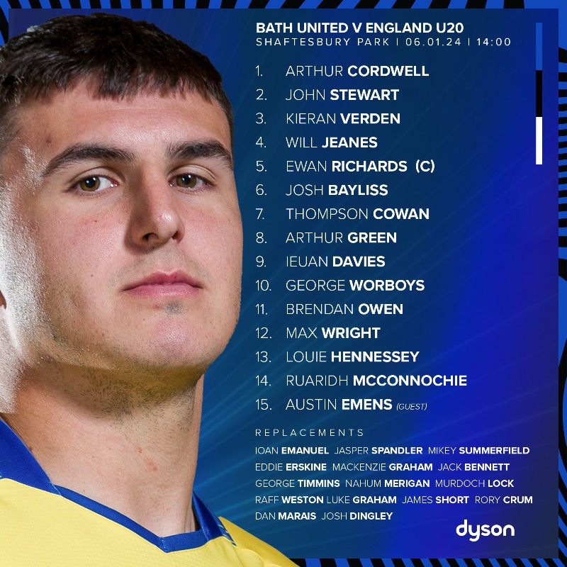 BathRugby's tweet photo. 𝘽𝙖𝙩𝙝 𝙐𝙣𝙞𝙩𝙚𝙙 𝙏𝙚𝙖𝙢 𝙉𝙚𝙬𝙨🔵⚫️⚪️

Taking on England U20 at Shaftesbury Park on Saturday, Johann van Graan has named Ewan Richards as captain for the friendly.

Josh Bayliss returns to the pitch after being side-lined with injury so far this season.

Go well, lads! 👊