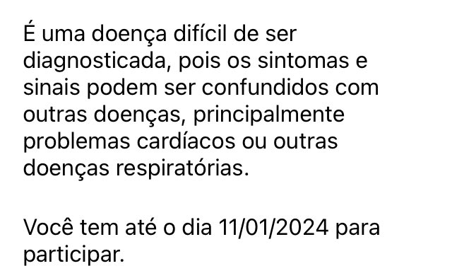 febrararas (@febrararas) on Twitter photo Você tem até o dia 11/01/2024 para participar. 
O Link esta na bio.
gov.br/participamaisb…
#casahunter #febrararas #casadosraros #hipertensãoarterialpulmonar 
#hap Você tem até o dia 11/01/2024 para participar. 
O Link esta na bio.
gov.br/participamaisb…
#casahunter #febrararas #casadosraros #hipertensãoarterialpulmonar 
#hap