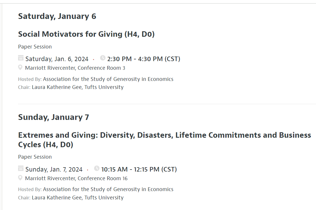 Interested in the science of giving and in San Antonio for <a href="/ASSAMeeting/">ASSA Meeting</a>?  Check out these 2 sessions by the Assoc. for Study of Generosity in Econ #EconTwitter #ASSA2024
