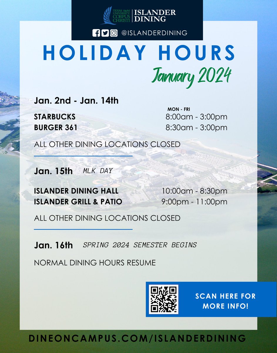 Happy January! Here is our updated hours until mid-January! 🤗📅 

Ps. We have lots of exciting things coming up for 2024 & we can’t wait to share them with you all! 🤙

#tamucc #islanderdining #happynewyear