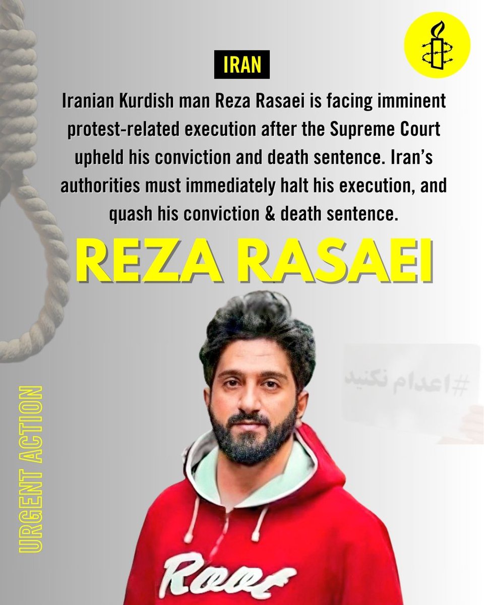 Iranian Kurdish Reza Rasaei is at imminent risk of execution after the Supreme Court upheld his conviction &amp; death sentence for "murder" in Dec '23 in connection w/the 2022 uprising. <a href="/khamenei_ir/">Khamenei.ir</a> must immediately halt any plans to execute him &amp; quash his conviction and sentence.