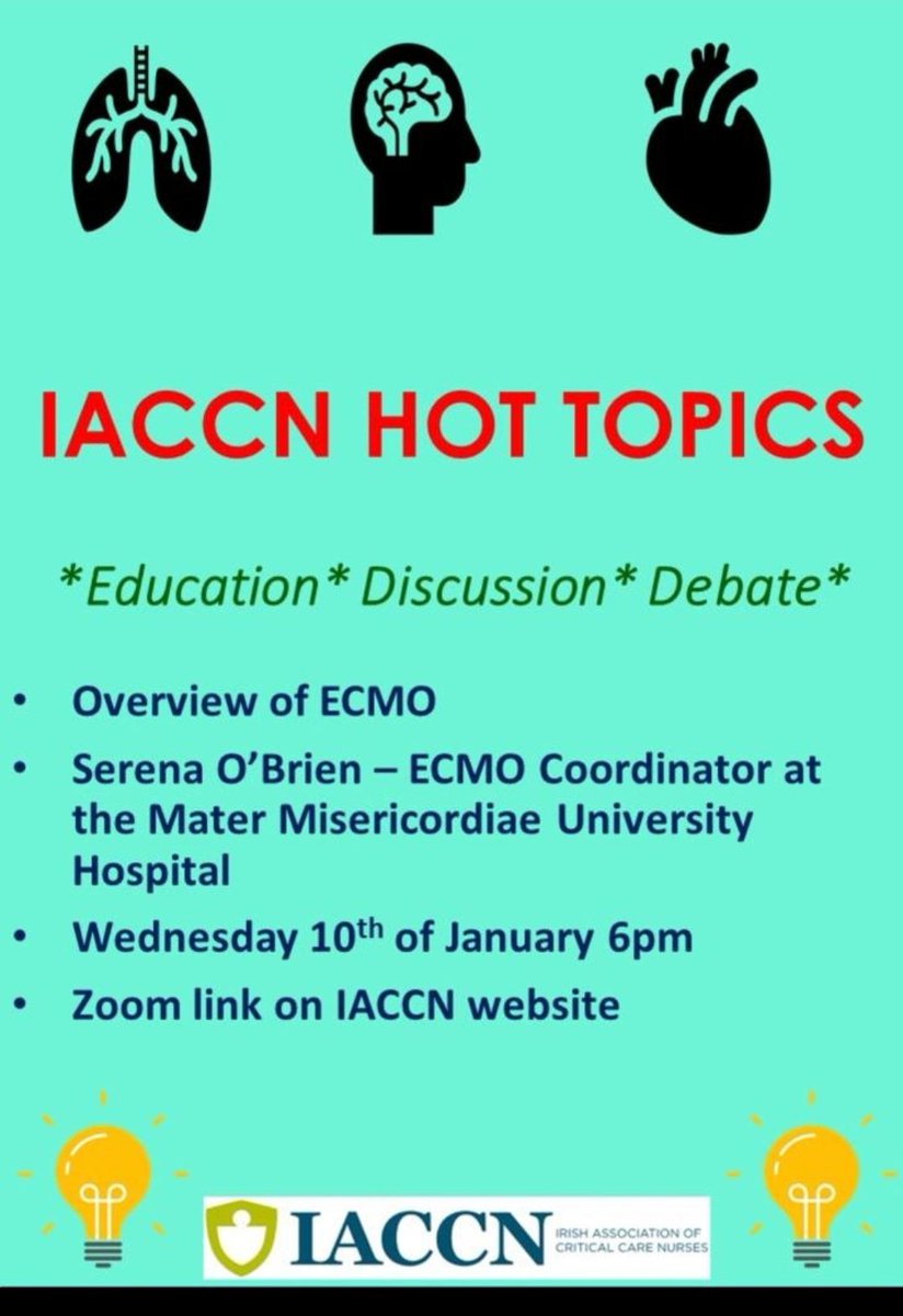 🔥2024 Hot Topics returns.
For the 1st Hot Topics of the year ,we are delighted to have IACCN Serena O Brien discussing:
➡️An Overview of ECMO
➡️ when :10th January 
➡️ Time: 6pm
Zoom link on IACCN website 
<a href="/Mater_ICU/">Mater ICU</a> <a href="/Serena_Dublin/">Serena</a> <a href="/gill_sinead/">Sinéad Gill</a> <a href="/AnnaMurpham/">Anna Marie Murphy</a>