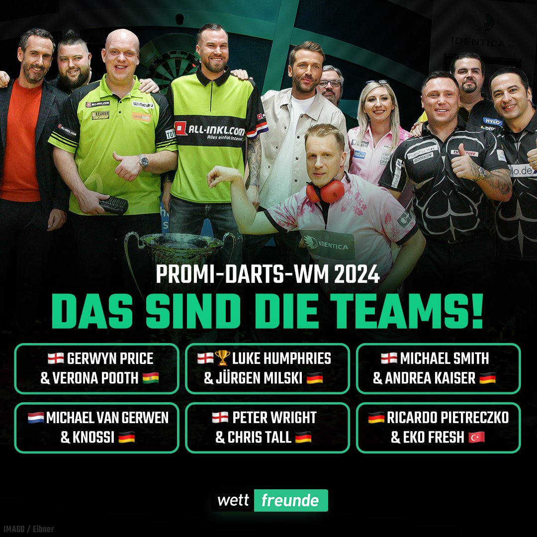 wettfreunde's tweet photo. Nach der PDC-Darts-WM ist vor der Promi-Darts-WM! 😱🎯😍

Wie in den letzten Jahren ist das Teilnehmerfeld hochwertig besetzt. Auf Profi-Seite ist nur drei Tage nach seinem WM-Sieg Luke Humphries dabei! 

#promidartswm #promidarts #darts #humphries #fyp https://t.co/LkR37qfXM3