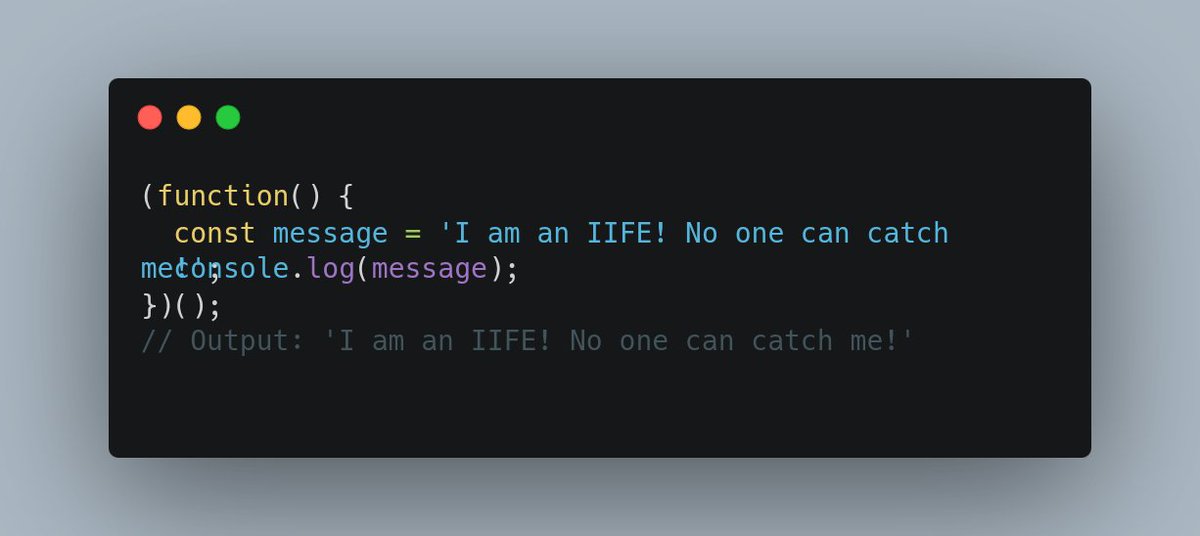 Soulsuryaa's tweet image. 🤓 JavaScript Tip Time! Let&apos;s talk IIFE -

Ever heard of a function that introduces itself and then disappears? That&apos;s an IIFE! It&apos;s like a ninja - does its thing and vanishes!

Here&apos;s a funny example:
#javascript  #JavaScriptHumor #IIFE #CodingNinjas #functions #programmer