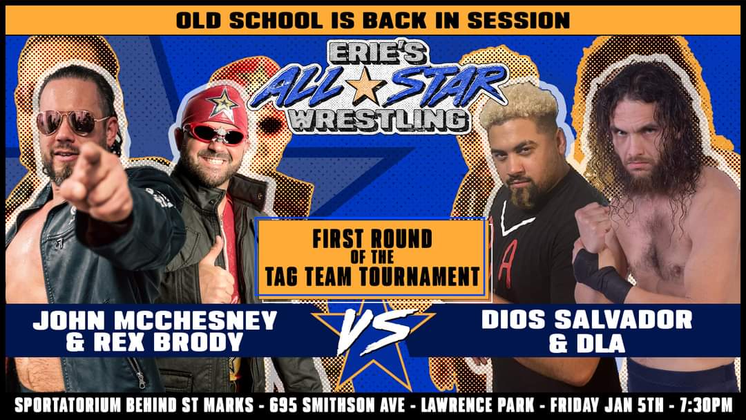 harold_pawlik's tweet photo. This Friday starts the tournament to crown the first ever Erie's All-Star Wrestling tag team champs. @JJRumham &amp; @BenettCole face Lost &amp; Unknown.  @BigLeagueJMcC &amp; @Rexsafety2nd take on La Revolution. @matthewjaeger_ &amp; @AidenHallmark face Specte &amp; Kristopher. https://t.co/4agesoasB4