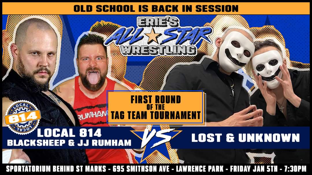 harold_pawlik's tweet photo. This Friday starts the tournament to crown the first ever Erie's All-Star Wrestling tag team champs. @JJRumham &amp; @BenettCole face Lost &amp; Unknown.  @BigLeagueJMcC &amp; @Rexsafety2nd take on La Revolution. @matthewjaeger_ &amp; @AidenHallmark face Specte &amp; Kristopher. https://t.co/4agesoasB4