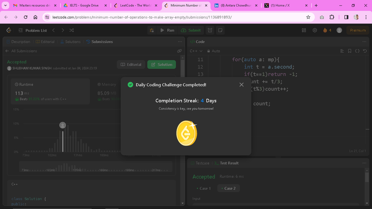 Solving daily problem (Day_4) on LeetCode. Learning with fun and enjoying the journey of goal/destination.

Q. 2870. Minimum Number of Operations to Make Array Empty.

#c++ #cpp #dsa #leetcodechallenge
#dailycoding #problemsolving
#improvement