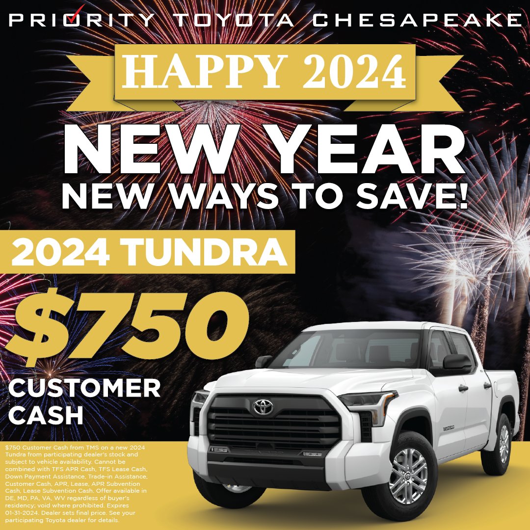 Priority_Toyota's tweet photo. Ring in the New Year with a new Toyota! Enjoy new ways to save on your favorite models, like the 2024 Tundra. Qualified buyers can take advantage of $750 customer cash on all 2024 TUNDRAS! https://t.co/yVp0MDe4ml