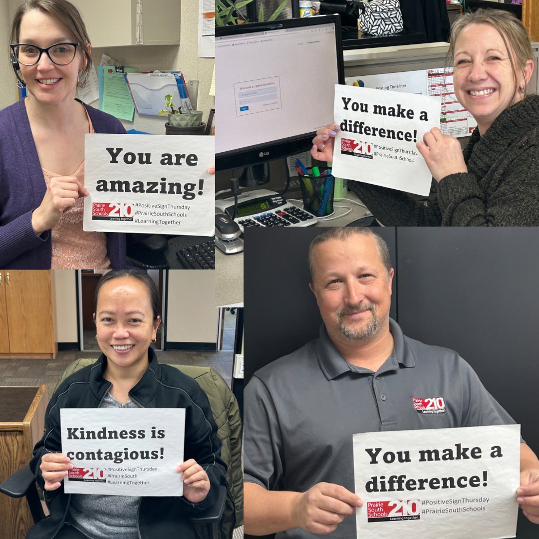 DustinSwanson's tweet image. It is the first #PositiveSignThursday of 2024. Thank you to of our division office staff for participating this week. You make a difference! Kindness is contagious! You are amazing! #PrairieSouth ⁦@PrairieSouth⁩