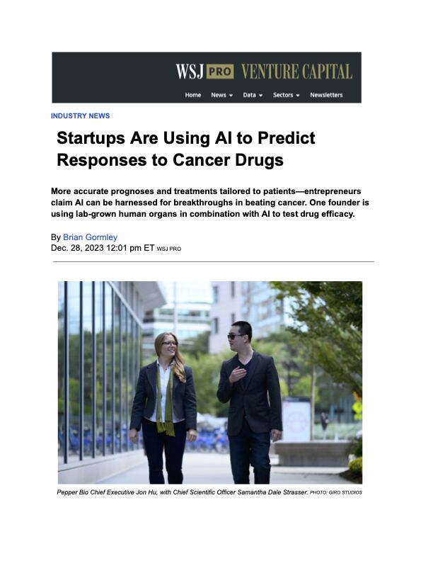 VSCPR's tweet image. What's better than one client in @WSJ print? Two. Check out @BrianPGormley’s recent article on startups using #AI to predict responses to cancer drugs ft. commentary from both @PangeaBiomed CEO @BekerTuvik and @pepper_bio CEO @jonyuhu here: bit.ly/41KoVvT
