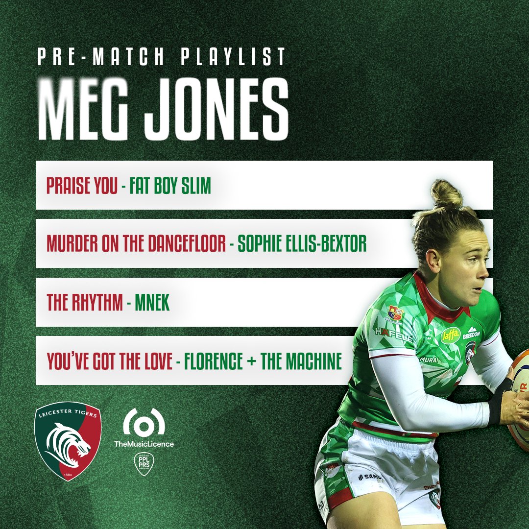 𝙔𝙤𝙪'𝙫𝙚 𝙜𝙤𝙩 𝙩𝙤 𝙡𝙤𝙫𝙚 Meg's pre-match playlist for this weekend's Double Header 🙌🏻 You can listen to Meg Jones' PPL PRS pre-match playlist during the warm-up on Saturday! 🎟 tickets.LeicesterTigers.com