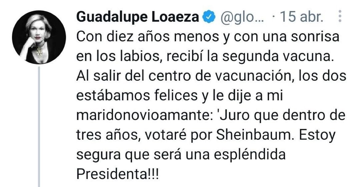 La hipócrita de <a href="/gloaeza/">Guadalupe Loaeza</a> fingiendo que Xóchitl era “su candidata” y que la decepcionó, cuando desde hace años ha dicho que iba a votar por Claudia. 

Estos aplaudidores no tienen empacho alguno a la hora de mentir…