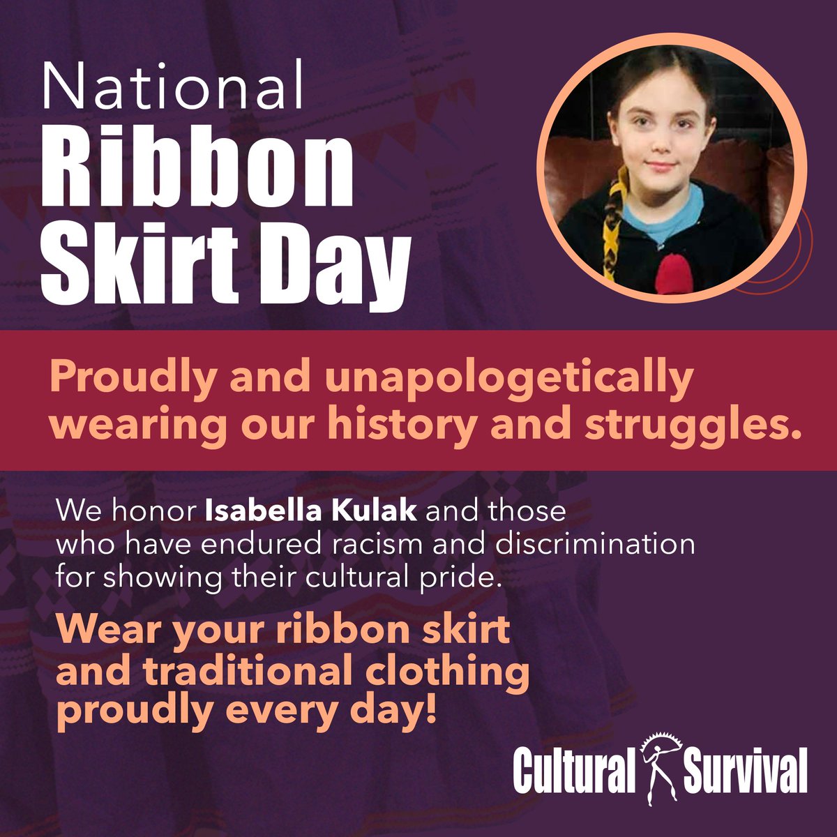 CSORG's tweet photo. Happy National #RibbonSkirtDay! Thank you, Isabella Kulak (Cote First Nation), for taking action and starting the Ribbon Skirt Day recognition movement. #IndigenousYouthRising #RepresentationMatters #Proud2BIndigenous #IndigenousBrilliance https://t.co/psosvghL6Y