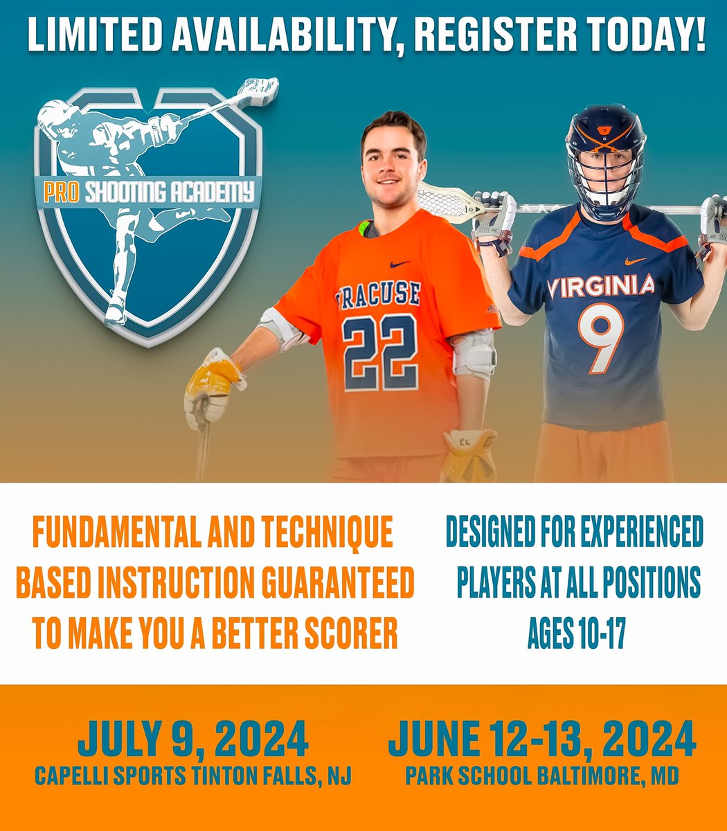 Don’t miss your chance to work with two of the games brightest young stars this summer. McCabe Millon will head up our Baltimore location and Joey Spallina will lead our New Jersey session. Space is limited so be sure to get your spot today! millonlacrosse.com/proshootingaca…