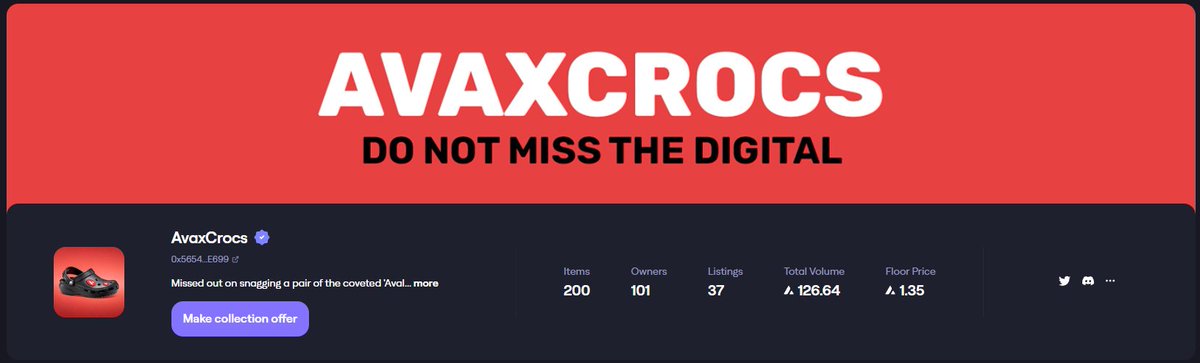 AvaxCrocsNFT's tweet photo. @AvaxCrocsNFT is now a verified collection on @joepegsnft 

Link: https://t.co/GsYGI4m2Zh https://t.co/bWiLczmpqZ