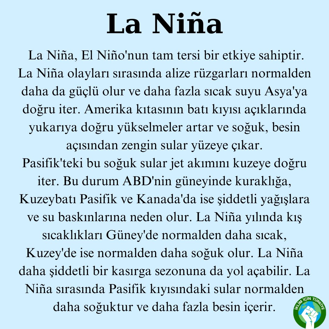 IklimTurkiye's tweet photo. Pasifik Okyanusu’nda meydana gelen El Ni��o ve La Niña, etkisi dünya genelinde görülen iki farklı iklim olayıdır. Daha detaylı öğrenmek için kaydırmayı unutmayın! 👉🏻🌎🌊 https://t.co/GY1ZgReGrT