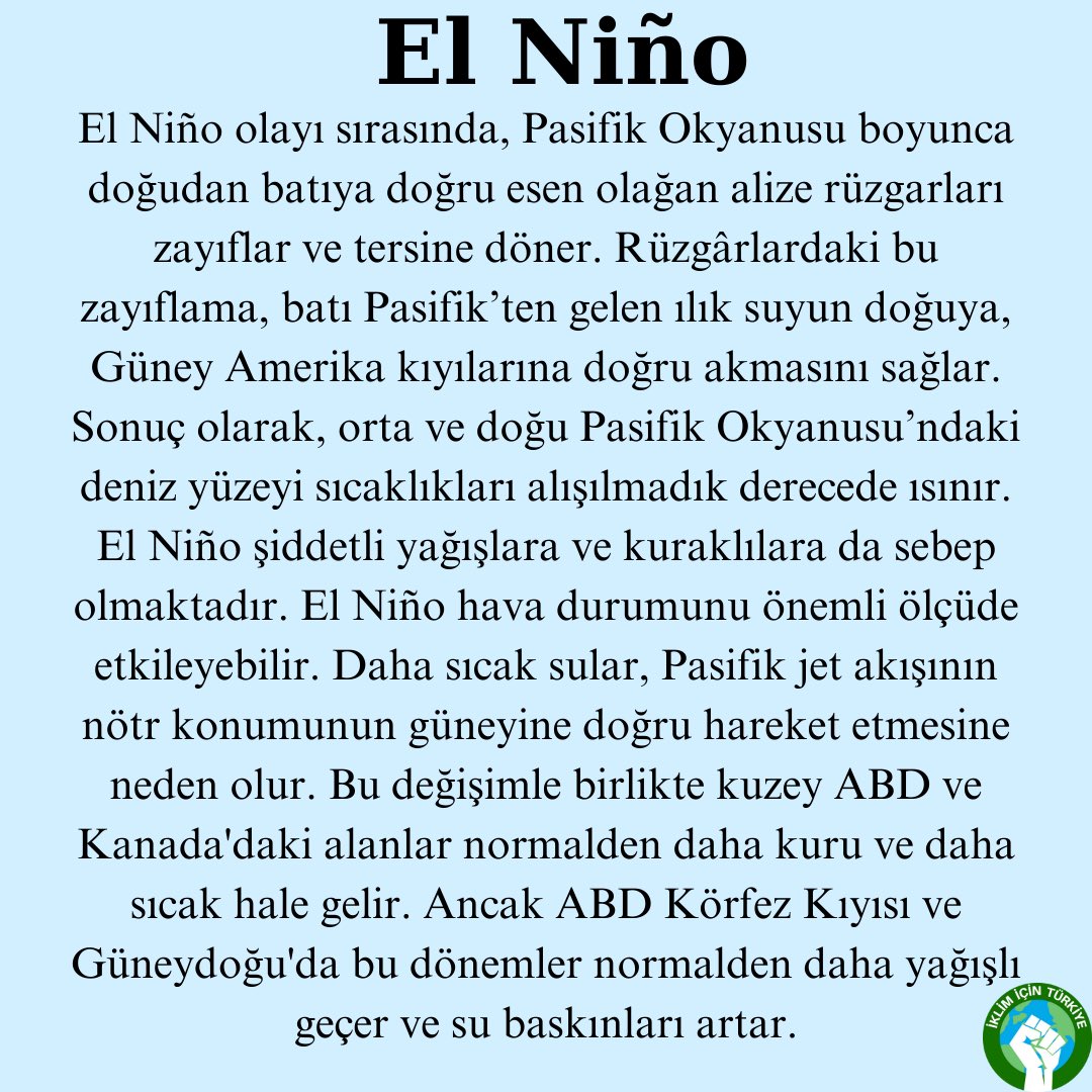 IklimTurkiye's tweet photo. Pasifik Okyanusu’nda meydana gelen El Ni��o ve La Niña, etkisi dünya genelinde görülen iki farklı iklim olayıdır. Daha detaylı öğrenmek için kaydırmayı unutmayın! 👉🏻🌎🌊 https://t.co/GY1ZgReGrT