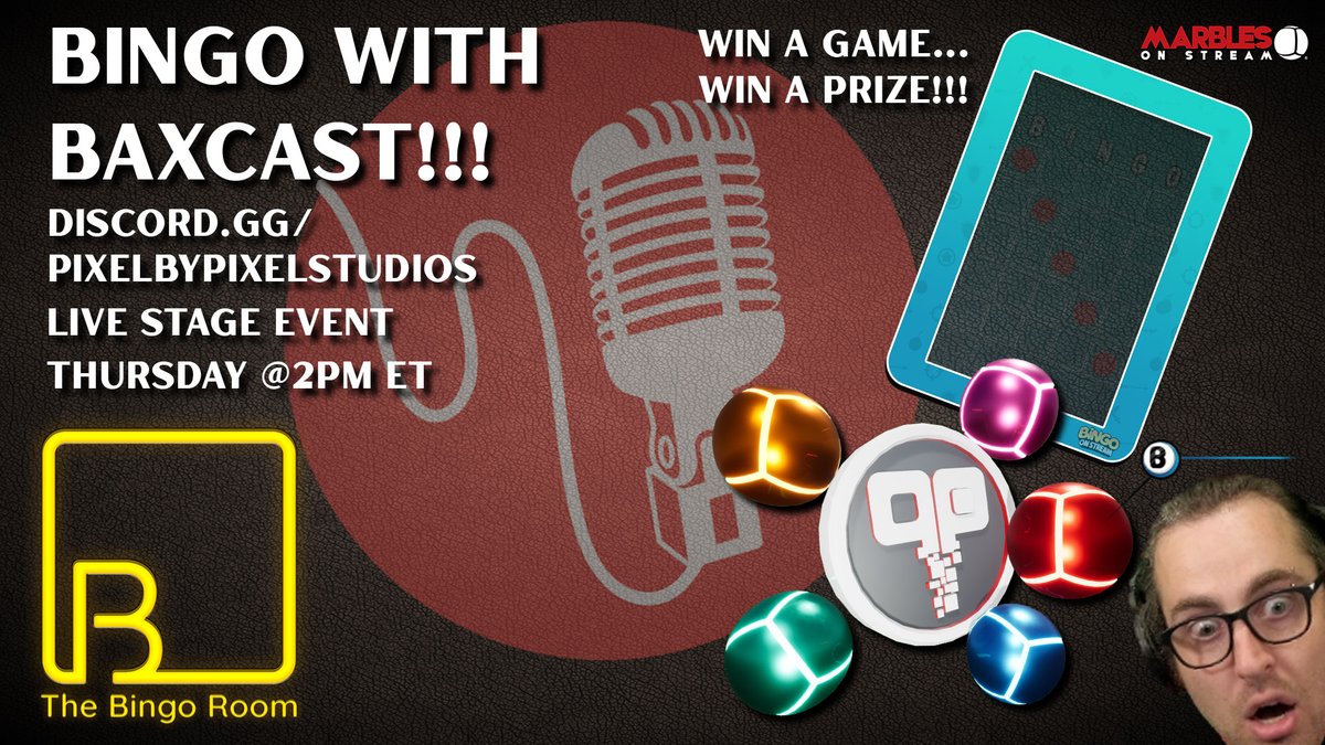 Daubers at the READY?!?

Join your host baXcast for some Bingo Room rounds today at 2pm ET in the Pixel by Pixel Studios Discord server for a chance to win some exclusive prizes!

discord.com/events/3938733…

#TheBingoRoom #Bingo #BingoRoom #Discord #Event #Thursday