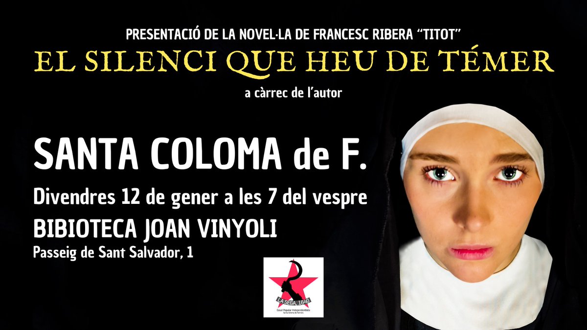 Divendres 12 de gener @francescribera 'Titot' presenta 'El silenci que heu de témer' a la Biblioteca Joan Vinyoli de #SCFarners, us hi esperem! @CulturaScf