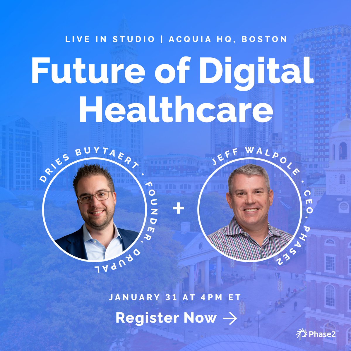 Phase2 (@phase2) on Twitter photo Join us at <a href="/acquia/">Acquia</a> HQ for a live in-person discussion with Dries Buytaert, CTO of Acquia, and Jeff Walpole, CEO of Phase2. They'll share perspectives on the future of patient-centric digital solutions and the technologies empowering them.
Register now!
phase2technology.com/the-future-of-… Join us at <a href="/acquia/">Acquia</a> HQ for a live in-person discussion with Dries Buytaert, CTO of Acquia, and Jeff Walpole, CEO of Phase2. They'll share perspectives on the future of patient-centric digital solutions and the technologies empowering them.
Register now!
phase2technology.com/the-future-of-…