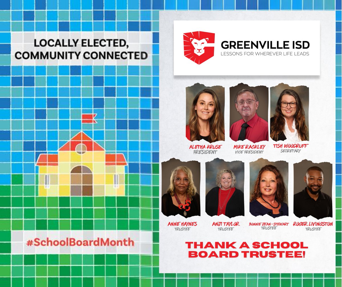 GreenvilleISD's tweet photo. All month long we are celebrating #SchoolBoardMonth! 🎉

Thank you Greenville ISD Board of Trustees for everything you do for those who call GISD home! 

Join us as we celebrate these inspiring individuals who embody being: Locally Elected. Community Connected.⛪️ https://t.co/T3MSp7vSdQ