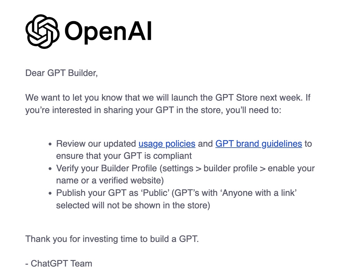 refsrc's tweet photo. GPT Store launching next week - OpenAI https://t.co/I6mkZKtgZG