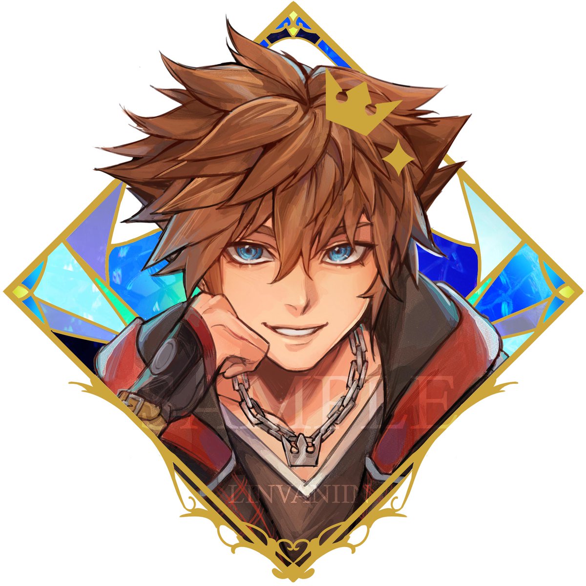 sora (kingdom hearts) 1boy male focus jewelry brown hair closed eyes solo necklace  illustration images