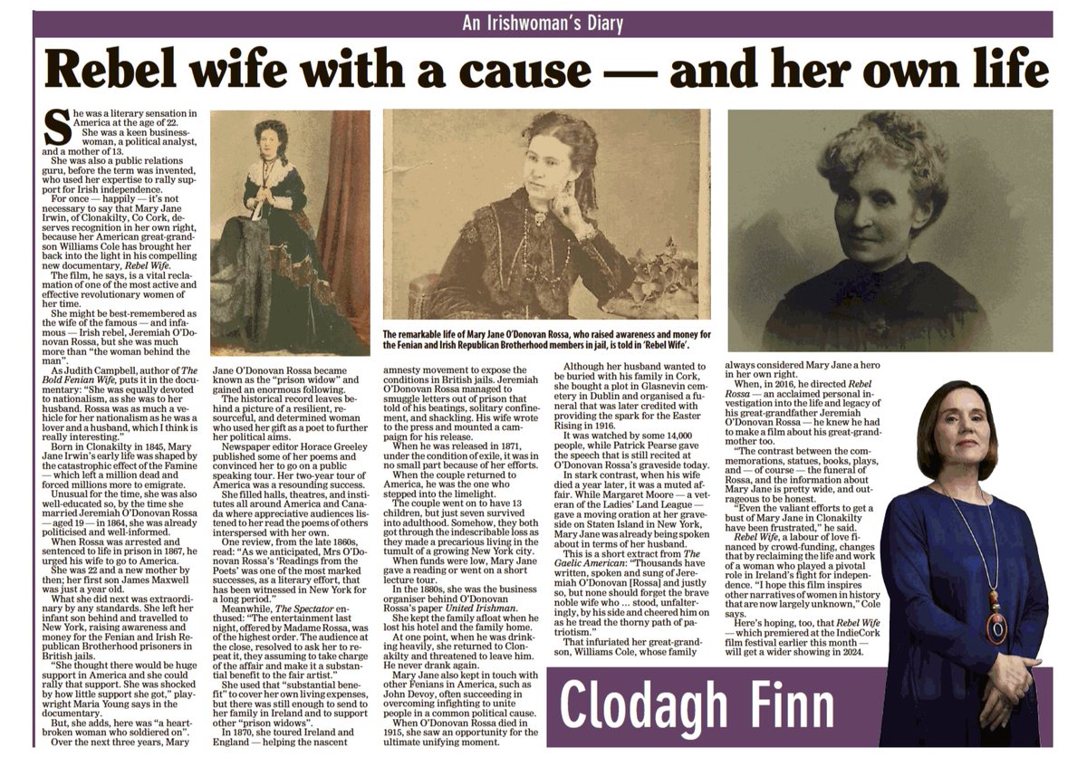 wonderful piece on Mary Jane O'Donovan Rossa and REBEL WIFE by @FinnClodagh in the @irishexaminer - link here - irishexaminer.com/opinion/column… (as paywall also attaching pdf)