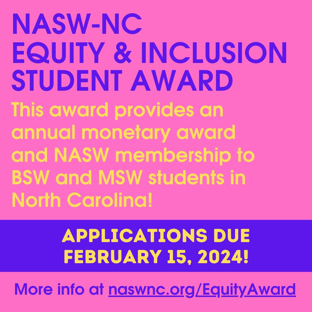 The NASW-NC Equity and Inclusion Committee is now accepting applications for the 2024 NASW-NC Equity and Inclusion Award! The deadline for applications is February 15, 2024. More here: naswnc.org/EquityAward