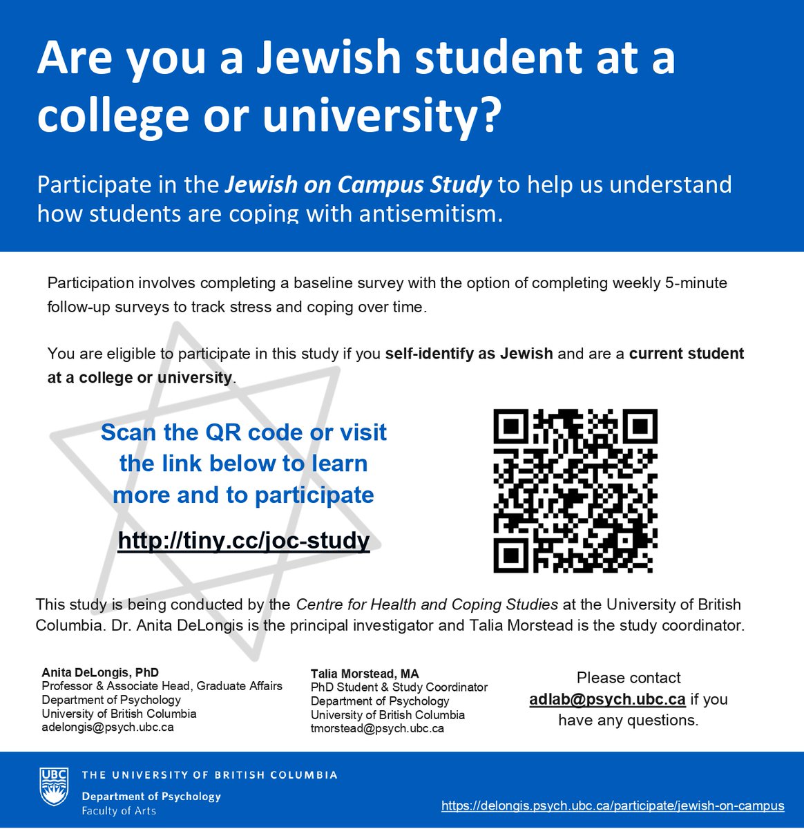 UBC Psychology (@ubcpsych) on Twitter photo . <a href="/DeLongis_Lab/">Centre for Health and Coping Studies</a> is recruiting Jewish students to take part in a study on stress and coping. If you self-identify as Jewish and attend a college or university, we would love to hear from you.
Engaging with this tweet will publicly associate you with the study. . <a href="/DeLongis_Lab/">Centre for Health and Coping Studies</a> is recruiting Jewish students to take part in a study on stress and coping. If you self-identify as Jewish and attend a college or university, we would love to hear from you.
Engaging with this tweet will publicly associate you with the study.