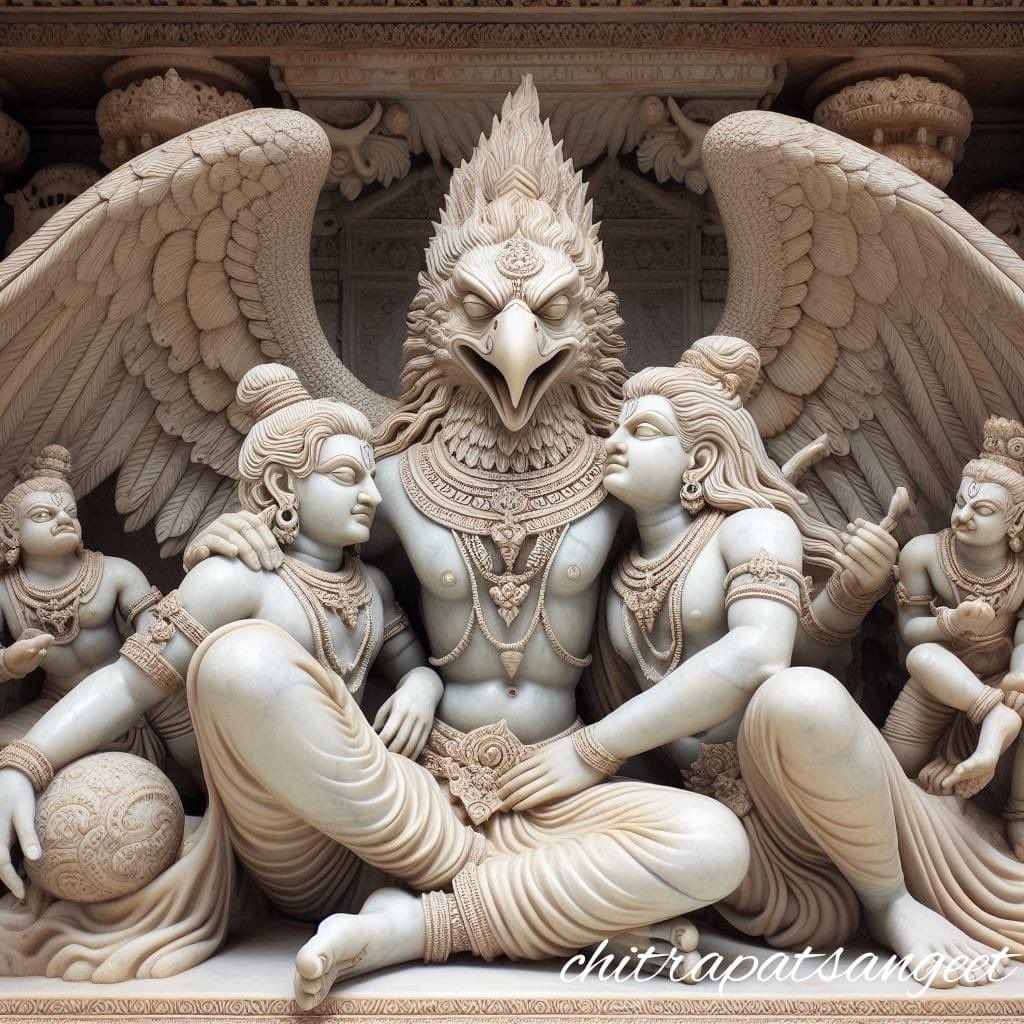 THEXFACTORl9's tweet photo. Garuda hugs Rama and Lakshmana
Prompt:-A 4k marble sculpting of Garuda, in the form of an eagle, with his wings open, affectionately hugging Rama and lakshmana who are sitting on the ground.. Rama has matted locks and armlets.
PC: CS
#ramayanatribute #indianaiart #ramayana https://t.co/bWhTb08EG2