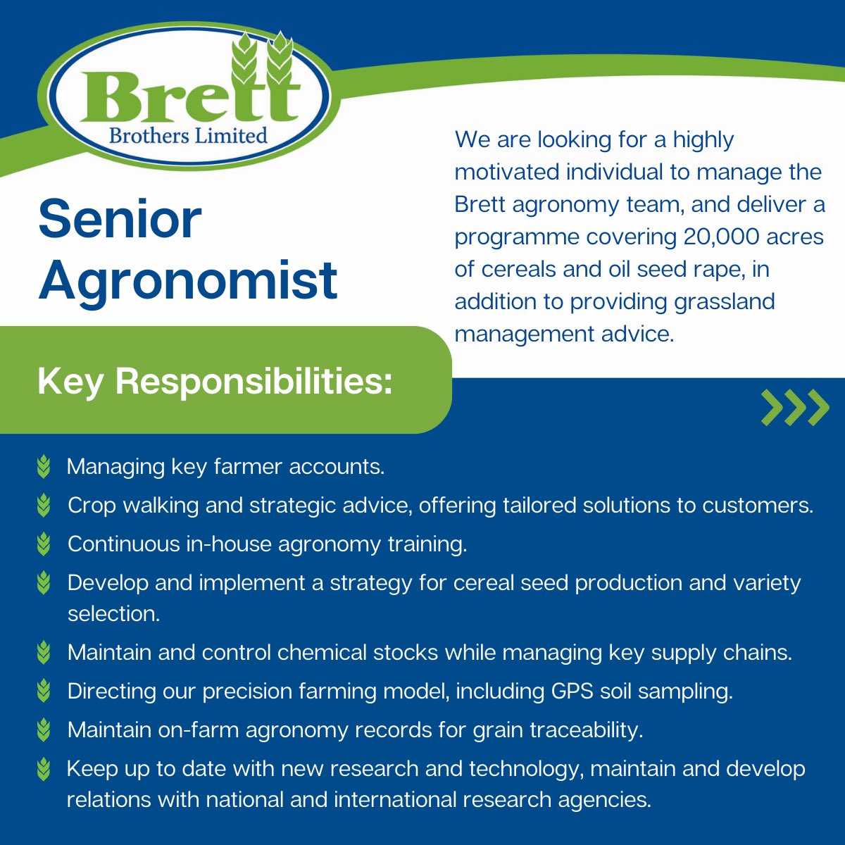 📣We are hiring a Senior Agronomist
📨To apply, send your application to Liam Brett, Brett Brothers LTD, Callan, Co. Kilkenny or email liambrett@brettbrothers.ie
🗓️Applications close, Friday 19th Jan.
To learn more about this role check out our website 👉bit.ly/3tDhZ7o