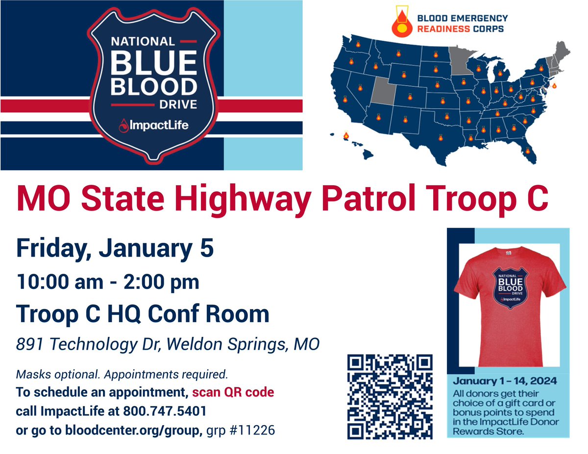 MSHPTrooperC's tweet photo. REMINDER!!  Tomorrow we will be hosting a blood drive at our Troop C Headquarters. There are still appointment times available. Just scan the below QR code and reserve your spot to help save lives. #impactlife https://t.co/NsvVYK599k