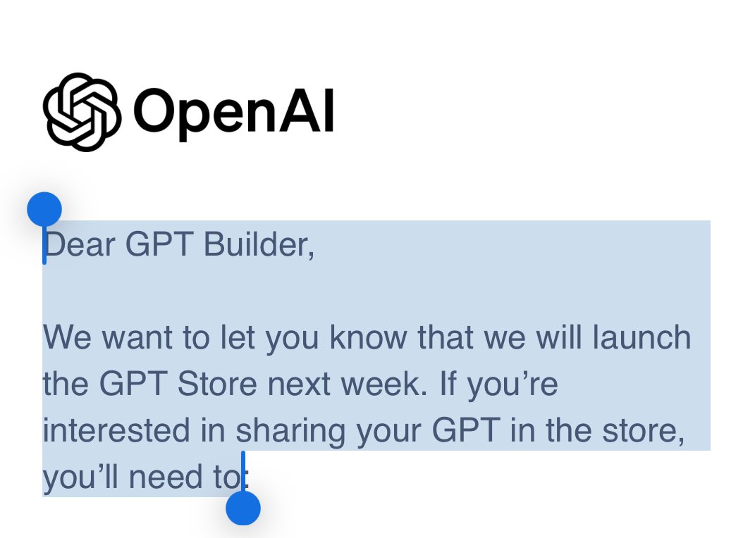 watch_my_stocks's tweet photo. Dear GPT Builder,

We want to let you know that we will launch the GPT Store next week. If you’re interested in sharing your GPT in the store, you’ll need to… #gptstore https://t.co/2spXujKmcx