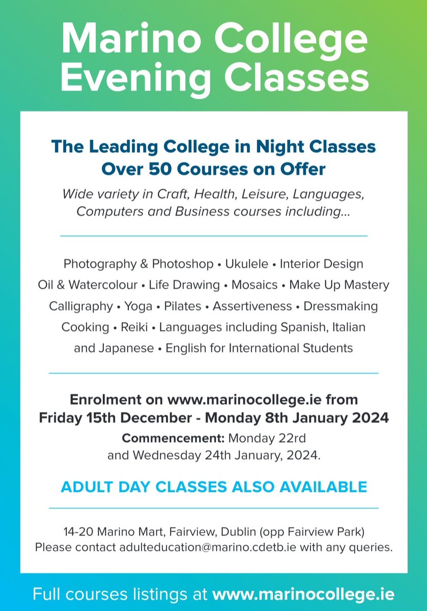 leanneclerkin1's tweet image. Our evening class enrolments are open online for a range of courses at mit.enrol.ie/marinoae/ or email adulteducation@marino.cdetb.ie with any queries #Marino #Fairview #nightclasses #Dublin3 ✨️📸🧘‍♂️🎨🖼