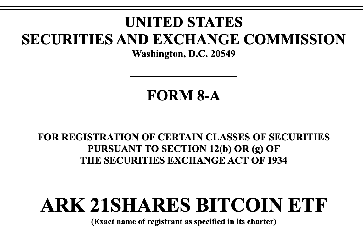 BitcoinMagazine's tweet photo. JUST IN: 🇺🇸 ARK 21Shares filed a registration of securities for their spot #Bitcoin ETF with the SEC 👀 https://t.co/VzEm9aTrzS